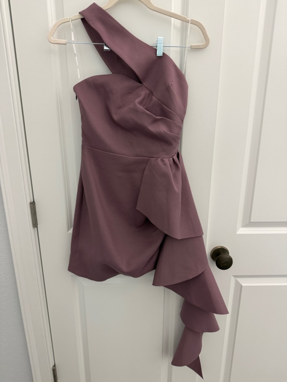Asymmetric One-Shoulder Ruffle Mini Dress in Mauve